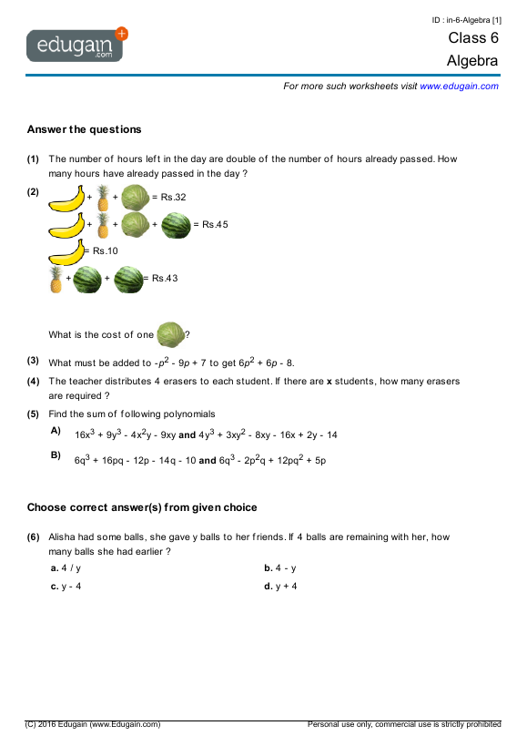 Grade 6 Algebra Math Practice Questions Tests Worksheets 