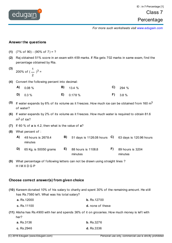 Grade 7 Percentage Math Practice Questions Tests Worksheets Quizzes Assignments 