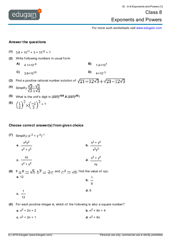 Maths Exponents And Powers Class 8 Worksheet
